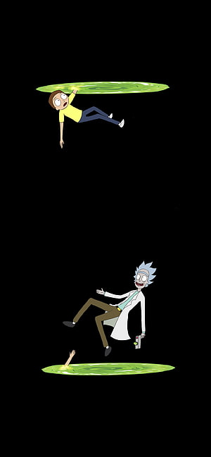 Rick and Morty Characters Falling Through Green Portals on Black Background HD phone wallpaper