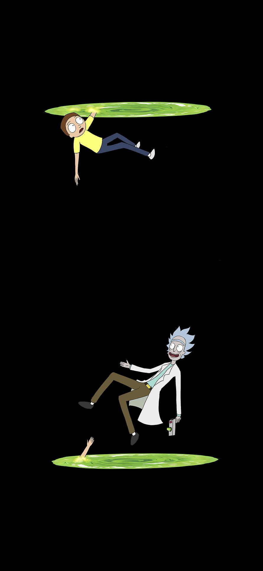 Rick and Morty Characters Falling Through Green Portals on Black Background HD phone wallpaper