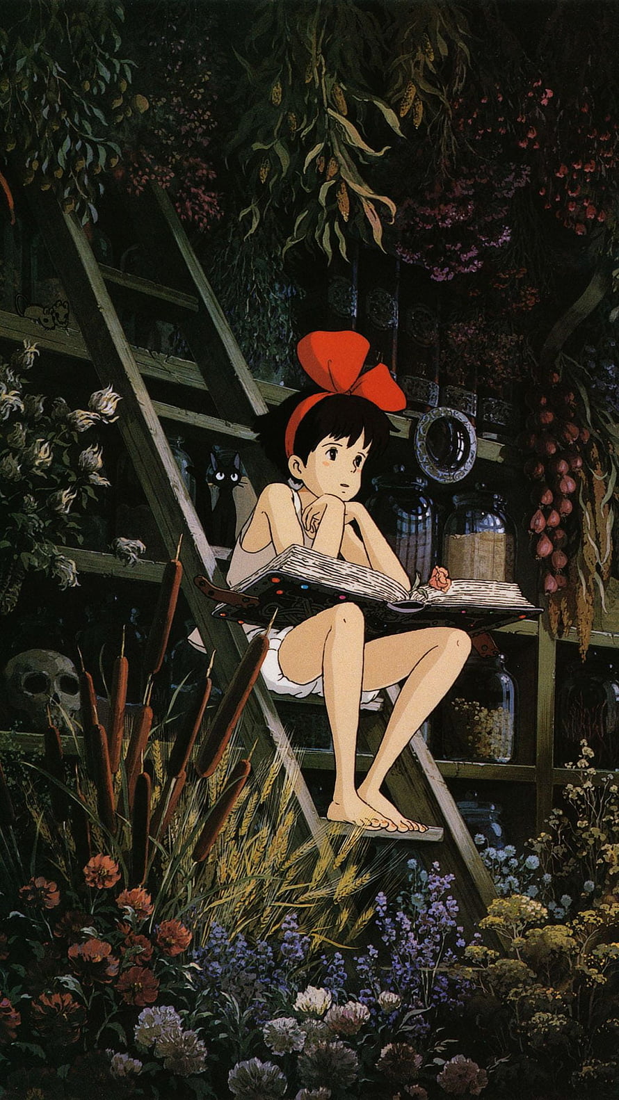 Kiki's Delivery Service Anime Illustration of Kiki Reading in a Botanical Garden HD phone wallpaper