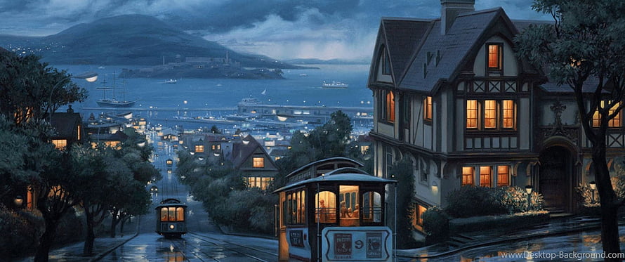 San Francisco Rainy Night with Vintage Cable Cars and Victorian Architecture HD wallpaper