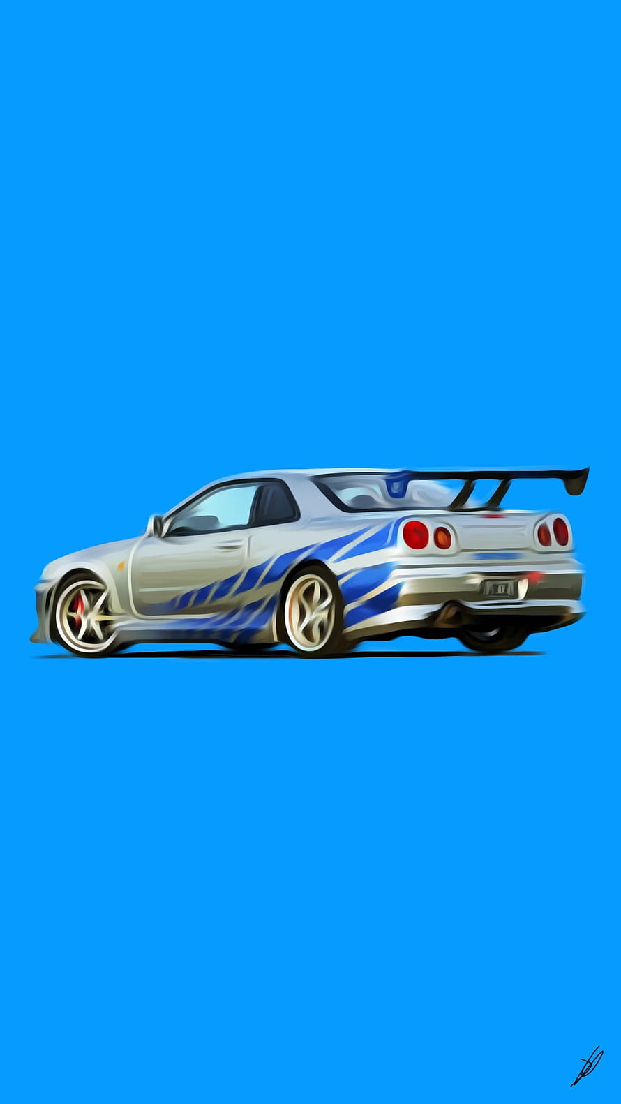 Nissan Skyline GT-R R34 Digital Art with Blue Flame Livery on Solid Blue Background HD phone wallpaper