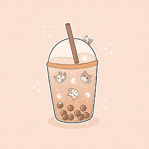 Cute Kawaii Cat Boba Tea Illustration with Pearls and Sparkles HD phone wallpaper