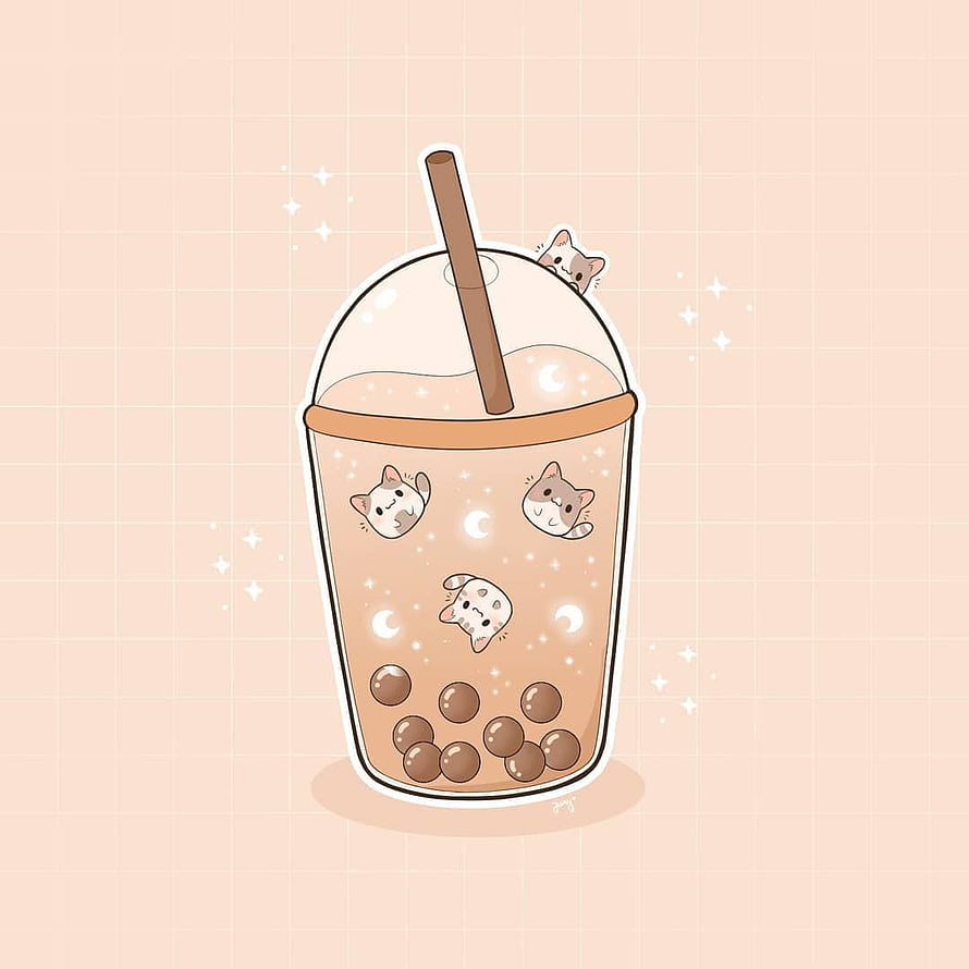 Cute Kawaii Cat Boba Tea Illustration with Pearls and Sparkles HD phone wallpaper