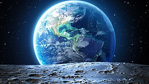 Earth Rising Over the Moon's Cratered Surface in Deep Space HD wallpaper