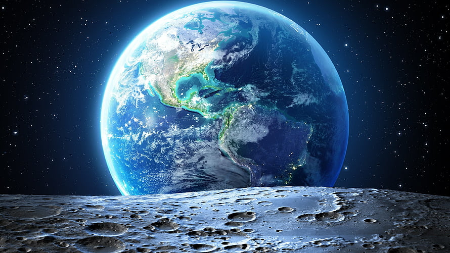 Earth Rising Over the Moon's Cratered Surface in Deep Space HD wallpaper