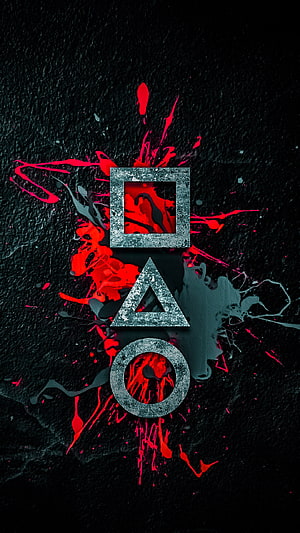Squid Game Season 2 Geometric Shapes with Red Paint Splatter on Dark Textured Background HD phone wallpaper