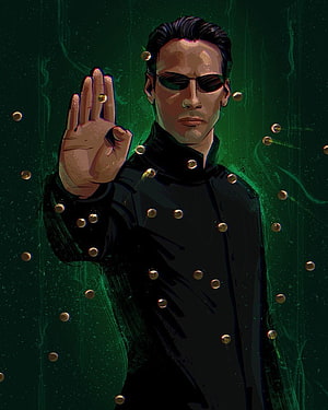 Neo from The Matrix in a stylized digital illustration with green code background and floating bullets HD phone wallpaper