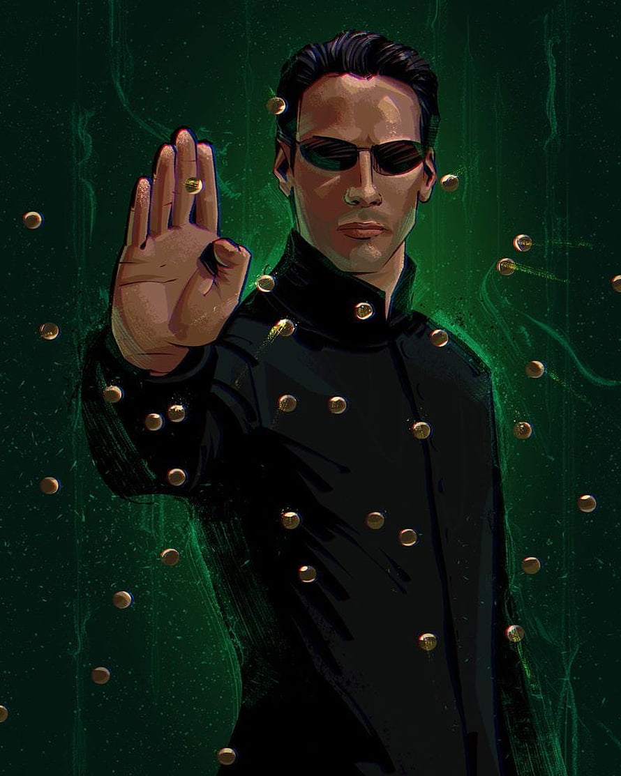 Neo from The Matrix in a stylized digital illustration with green code background and floating bullets HD phone wallpaper