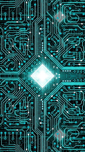 Glowing Cyan Circuit Board Pattern with Central Processor Chip and Digital Traces HD phone wallpaper