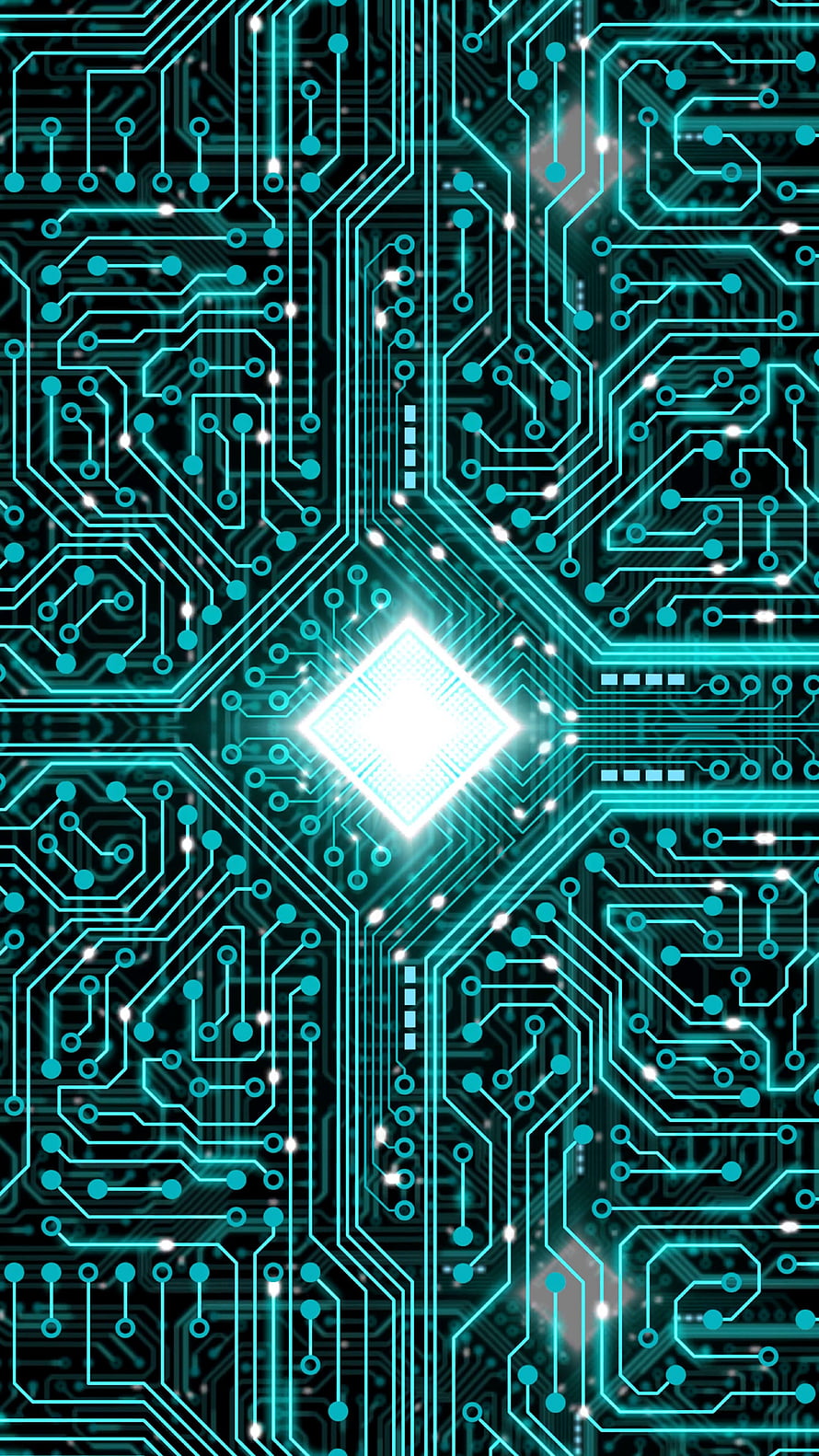 Glowing Cyan Circuit Board Pattern with Central Processor Chip and Digital Traces HD phone wallpaper
