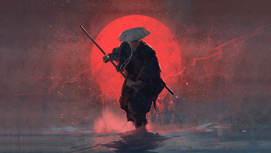Silhouette of a Samurai Warrior Holding a Katana Against a Giant Red Moon HD wallpaper
