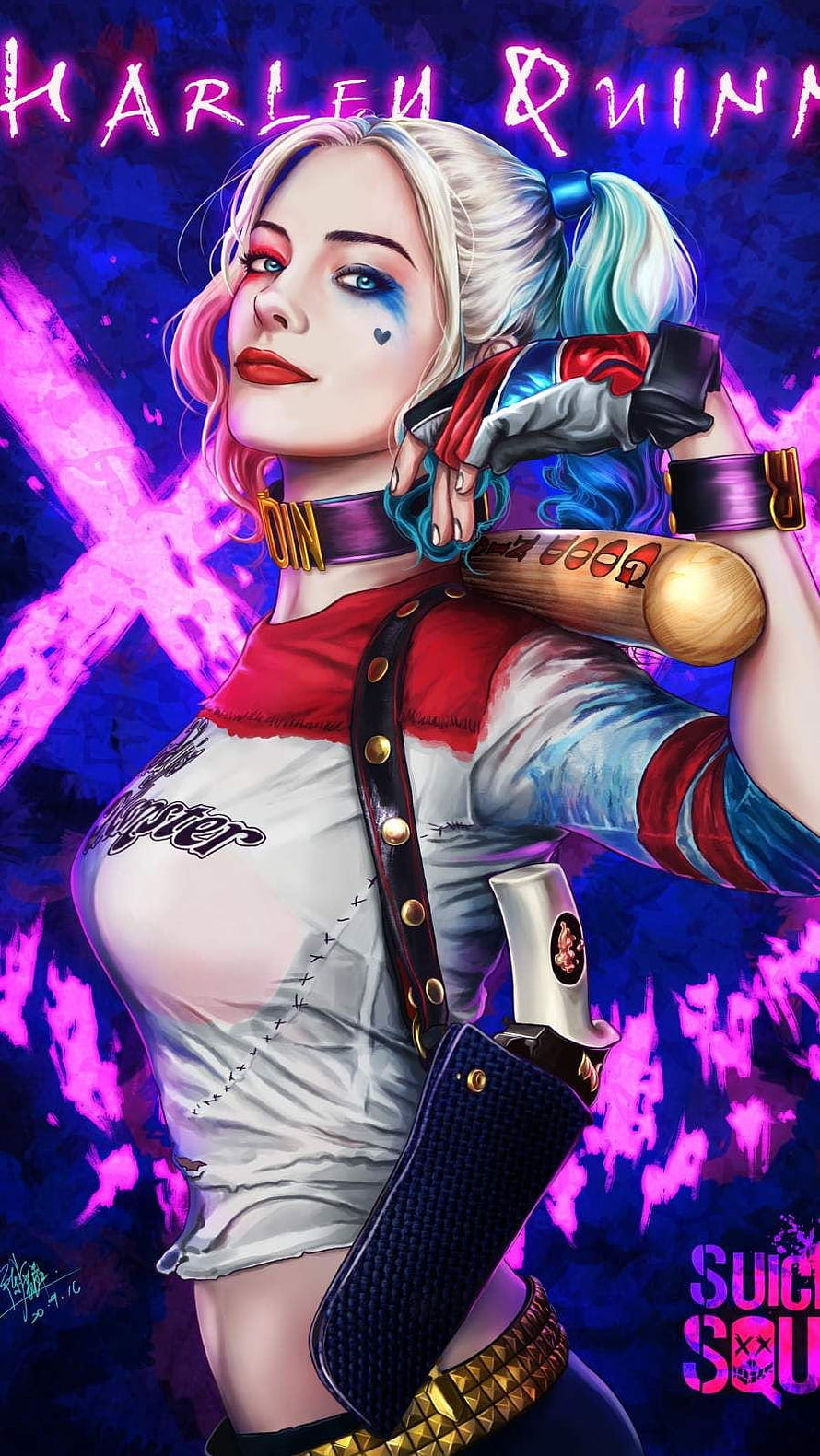 Harley Quinn Suicide Squad Digital Art Portrait with Baseball Bat and Neon Background HD phone wallpaper