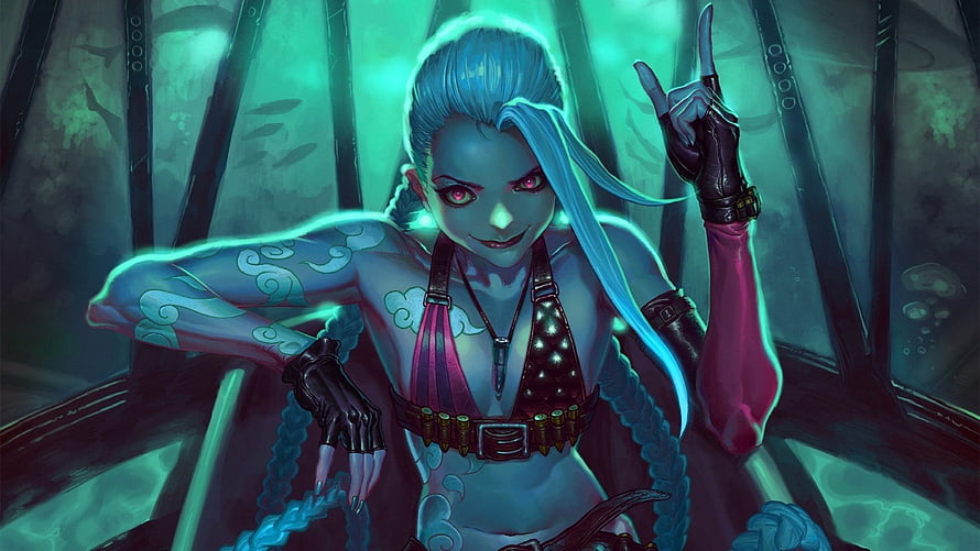 Jinx from League of Legends in a teal-lit industrial setting with glowing tattoos and a confident pose HD wallpaper