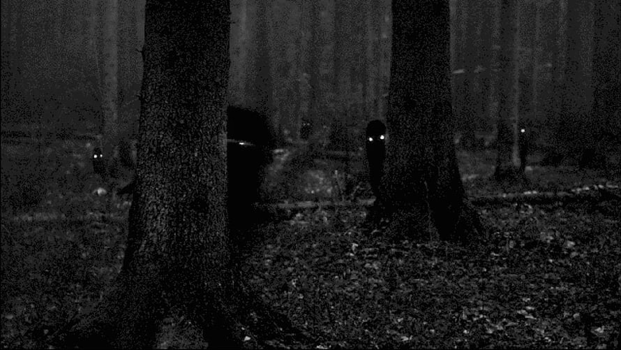 Eerie Black and White Forest Scene with Glowing Eyes in the Dark HD wallpaper