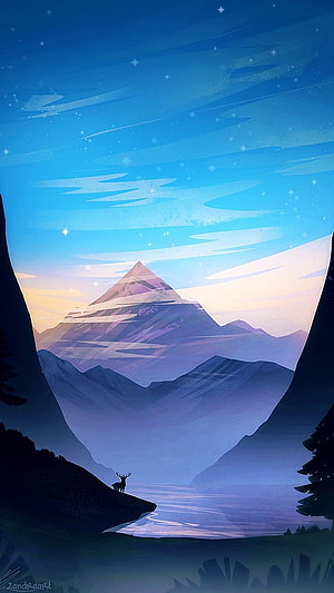Stylized Digital Art of a Deer Silhouette Gazing at a Snow-Capped Mountain Peak Under a Starry Twilight Sky HD phone wallpaper