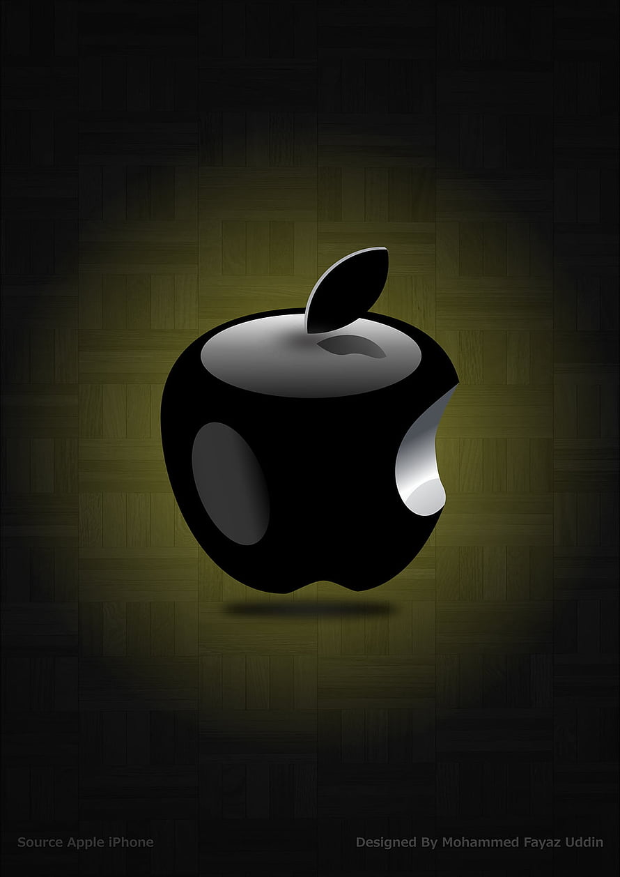 Glossy Black 3D Apple Logo on Dark Wood Texture Background HD phone wallpaper