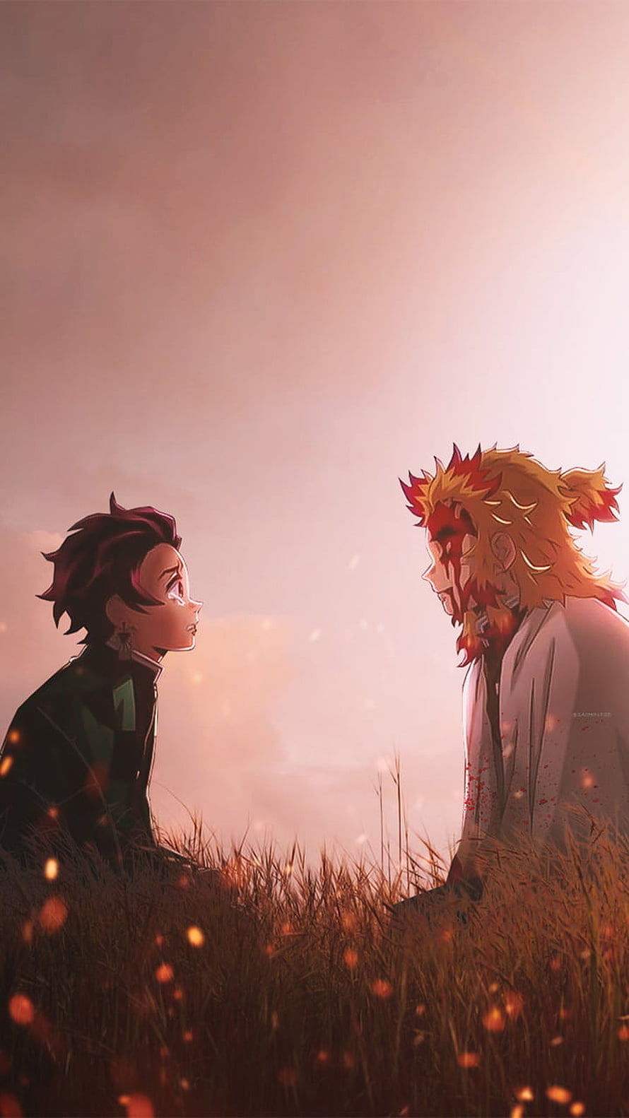 Tanjiro and Rengoku in a Golden Field at Sunset HD phone wallpaper