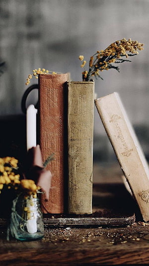 Vintage Books and Dried Flowers on a Rustic Wooden Table HD phone wallpaper