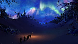 The Elder Scrolls V: Skyrim Winter Landscape with Aurora Borealis and Travelers HD wallpaper