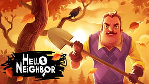 Hello Neighbor Video Game Artwork Featuring Mustached Man With Shovel In Autumn Forest HD wallpaper