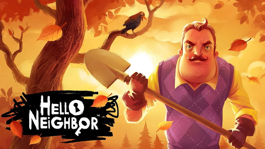 Hello Neighbor Video Game Artwork Featuring Mustached Man With Shovel In Autumn Forest HD wallpaper