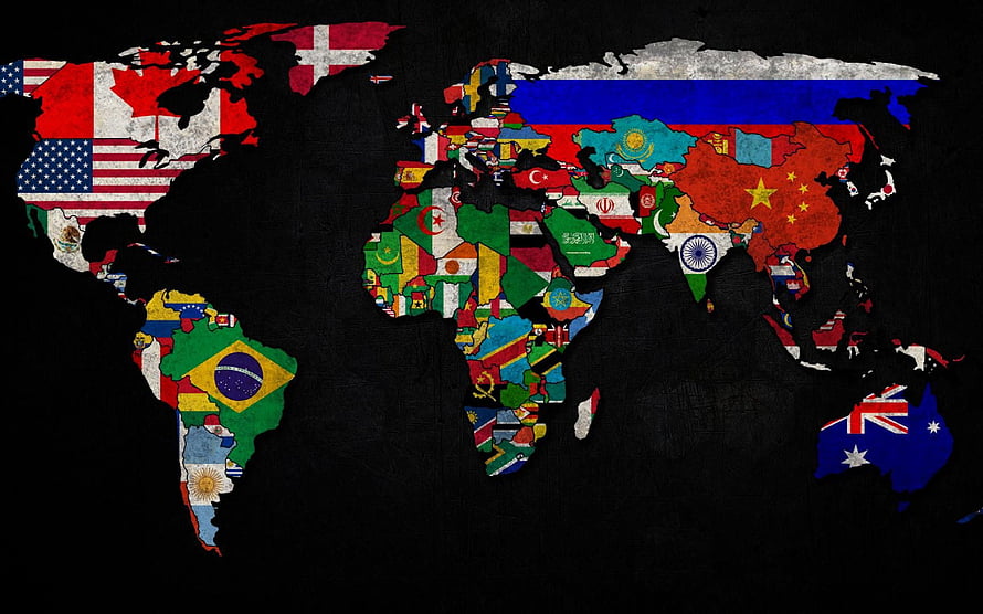 World Map Filled With National Flags on Dark Background HD wallpaper