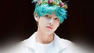 Kim Taehyung of BTS with Turquoise Hair and Floral Crown in White Shirt HD wallpaper