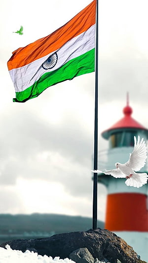 Indian National Flag Flying Proudly Near Lighthouse With Peace Dove HD phone wallpaper