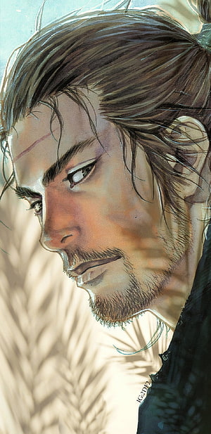 Miyamoto Musashi from Vagabond in a contemplative profile portrait with windblown hair and a scarred face HD phone wallpaper