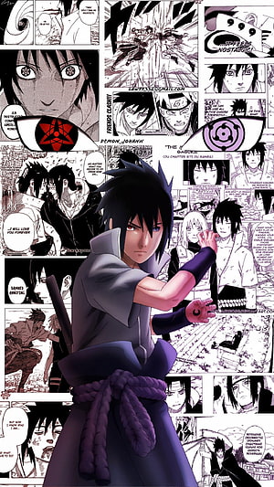 Sasuke Uchiha in Purple Attire with Manga Panel Background HD phone wallpaper