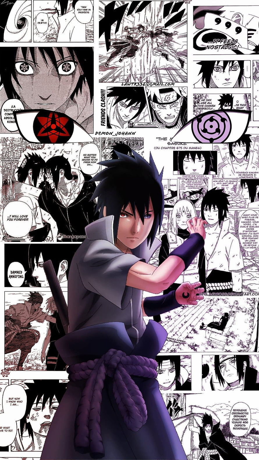 Sasuke Uchiha in Purple Attire with Manga Panel Background HD phone wallpaper