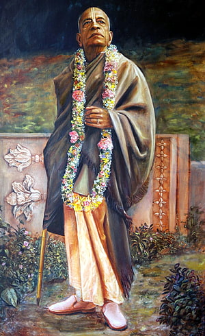 A.C. Bhaktivedanta Swami Prabhupada Portrait Painting with Floral Garland and Traditional Attire HD phone wallpaper