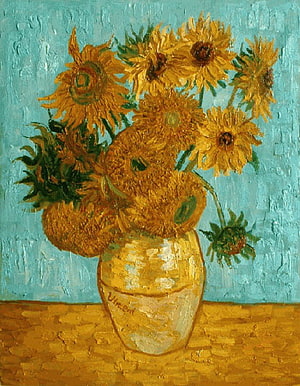 Vincent van Gogh Sunflowers Still Life Oil Painting with Impasto Texture and Turquoise Background HD phone wallpaper