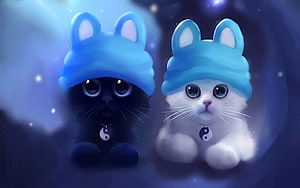Two Adorable Kittens in Blue Bunny Hats with Yin Yang Collars in a Dreamy Night Scene HD wallpaper