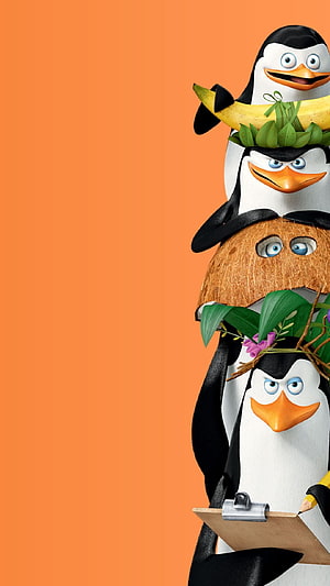 Penguins of Madagascar stacked with tropical props on orange background HD phone wallpaper