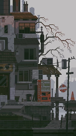 Pixel Art Japanese Street Scene with Vending Machine and Cherry Blossoms HD phone wallpaper