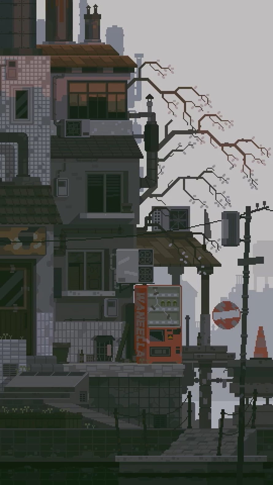 Pixel Art Japanese Street Scene with Vending Machine and Cherry Blossoms HD phone wallpaper