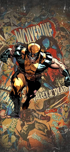 Wolverine in Classic Yellow and Blue Suit Leaping Forward with Claws Extended HD phone wallpaper