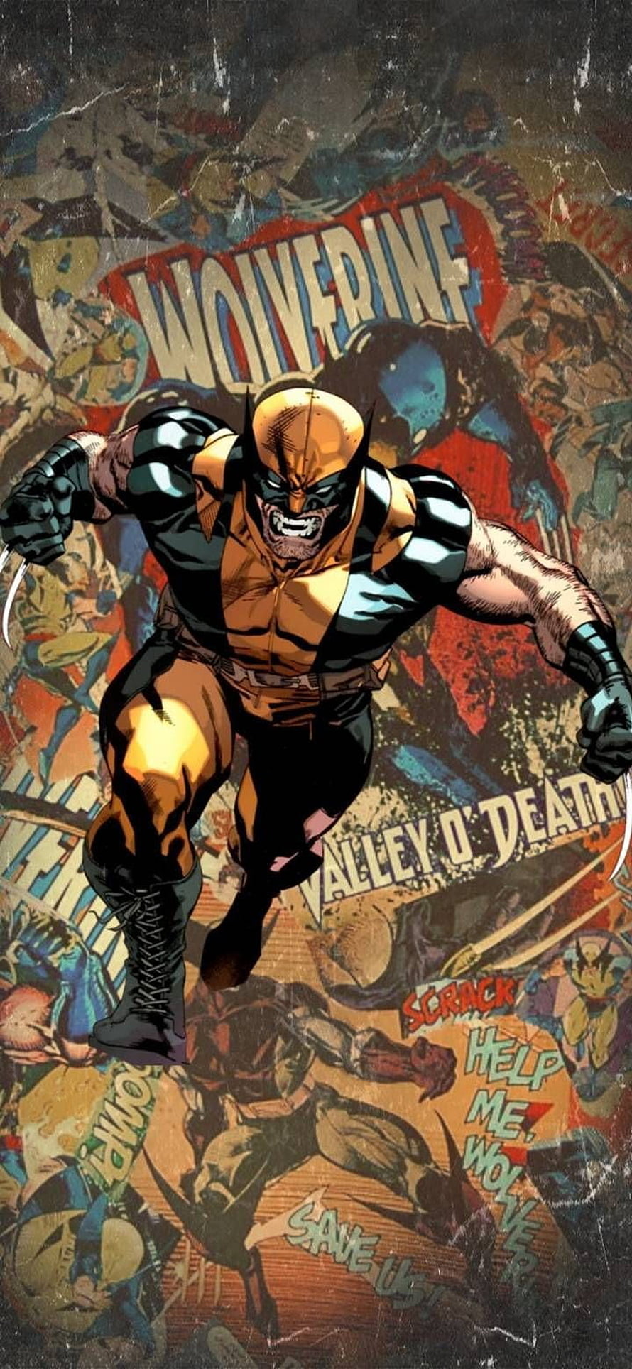 Wolverine in Classic Yellow and Blue Suit Leaping Forward with Claws Extended HD phone wallpaper