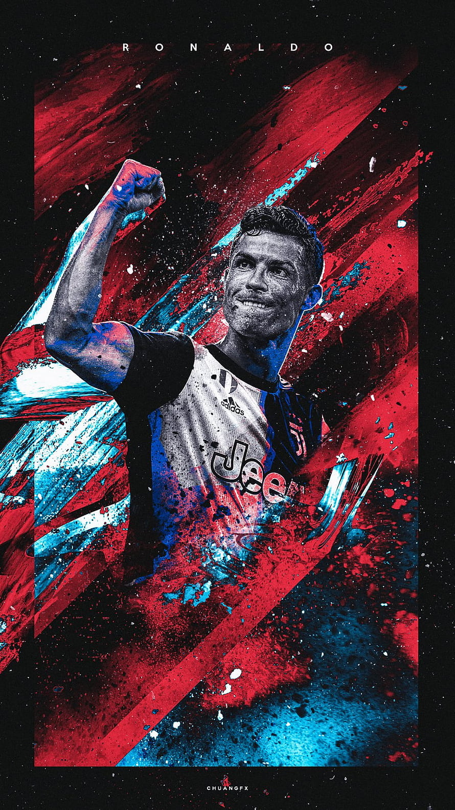 Cristiano Ronaldo Juventus Celebration Artwork with Red and Blue Paint Splatter Design HD phone wallpaper