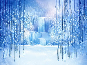Frozen Arendelle Ice Castle Landscape with Frozen Waterfall and Snowy Forest HD wallpaper