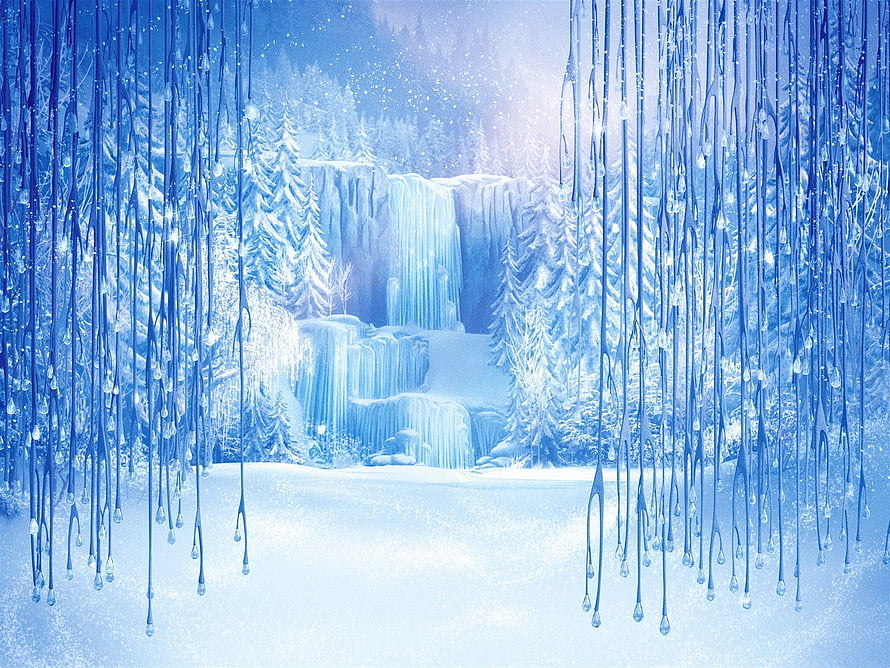 Frozen Arendelle Ice Castle Landscape with Frozen Waterfall and Snowy Forest HD wallpaper