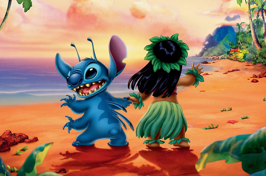 Stitch and Lilo Dancing on a Tropical Beach at Sunset in Disney Lilo and Stitch HD wallpaper