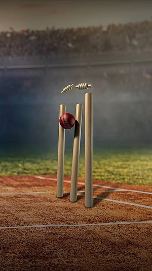 Cricket Stumps And Ball On A Dusty Pitch With Stadium Crowd In Background HD phone wallpaper