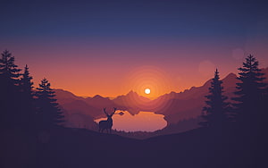 Silhouette Deer Standing in Mountain Valley at Sunset with Lake Reflection HD wallpaper