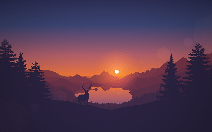 Silhouette Deer Standing in Mountain Valley at Sunset with Lake Reflection HD wallpaper