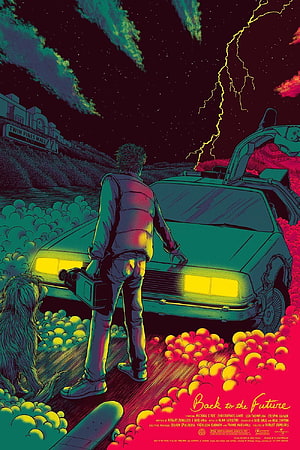 Back to the Future Retro Poster Art with DeLorean, Lightning, and Twin Pines Mall HD phone wallpaper