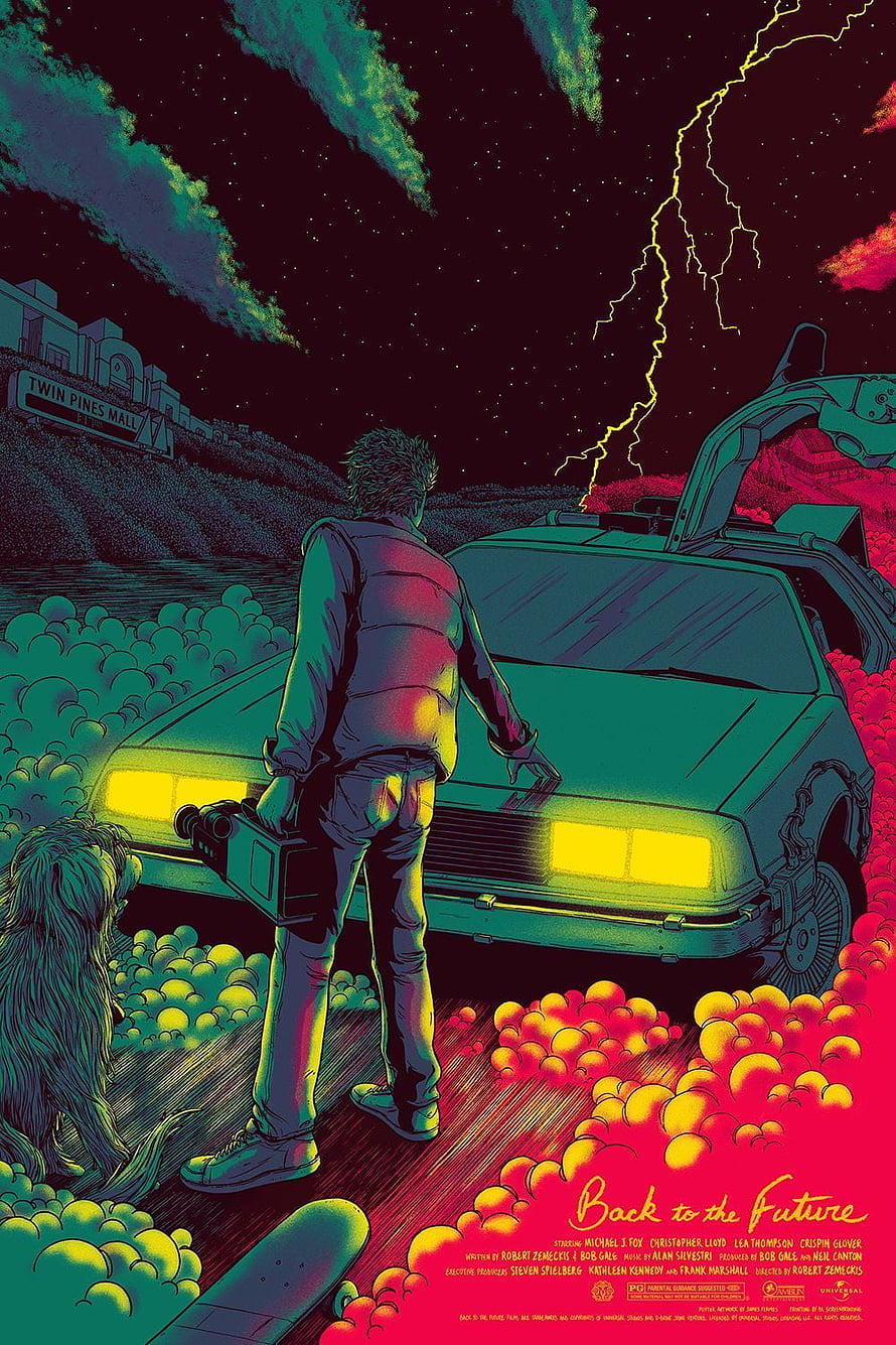 Back to the Future Retro Poster Art with DeLorean, Lightning, and Twin Pines Mall HD phone wallpaper