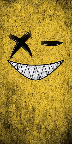 Menacing Grinning Face With X Eyes On Distressed Yellow Grunge Background HD phone wallpaper