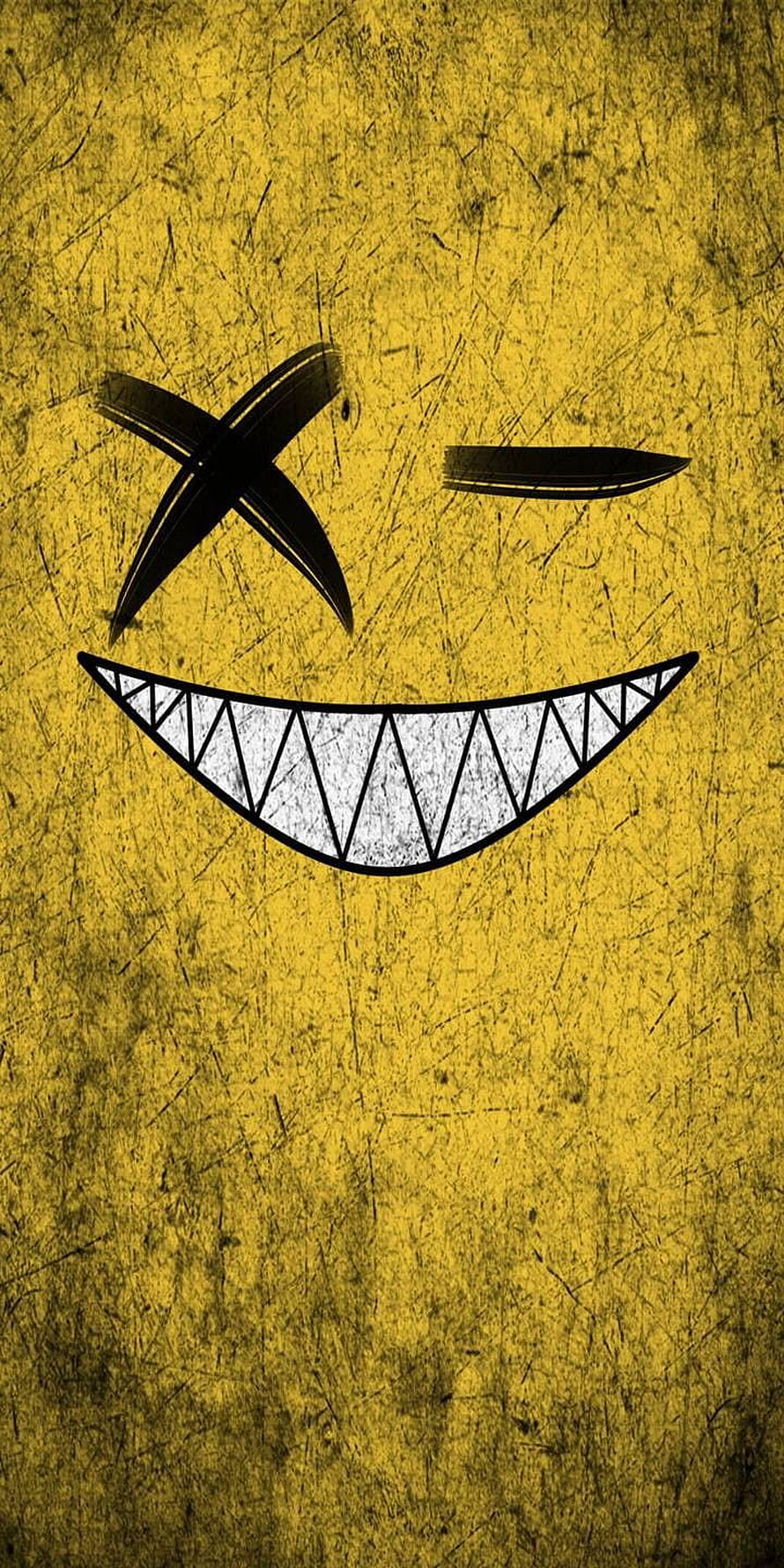 Menacing Grinning Face With X Eyes On Distressed Yellow Grunge Background HD phone wallpaper